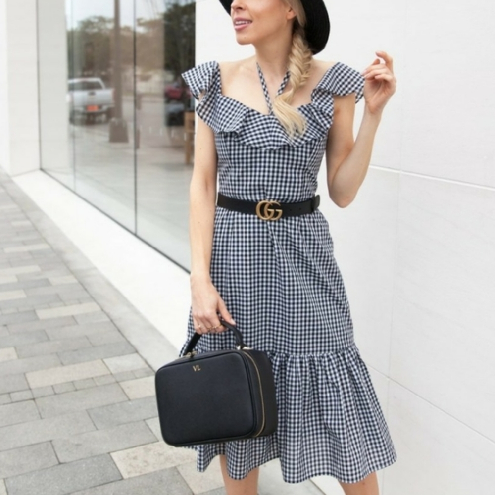 WAYF Gingham Picnic Off-the-shoulder Wiggle Dress with Ruffle Hem